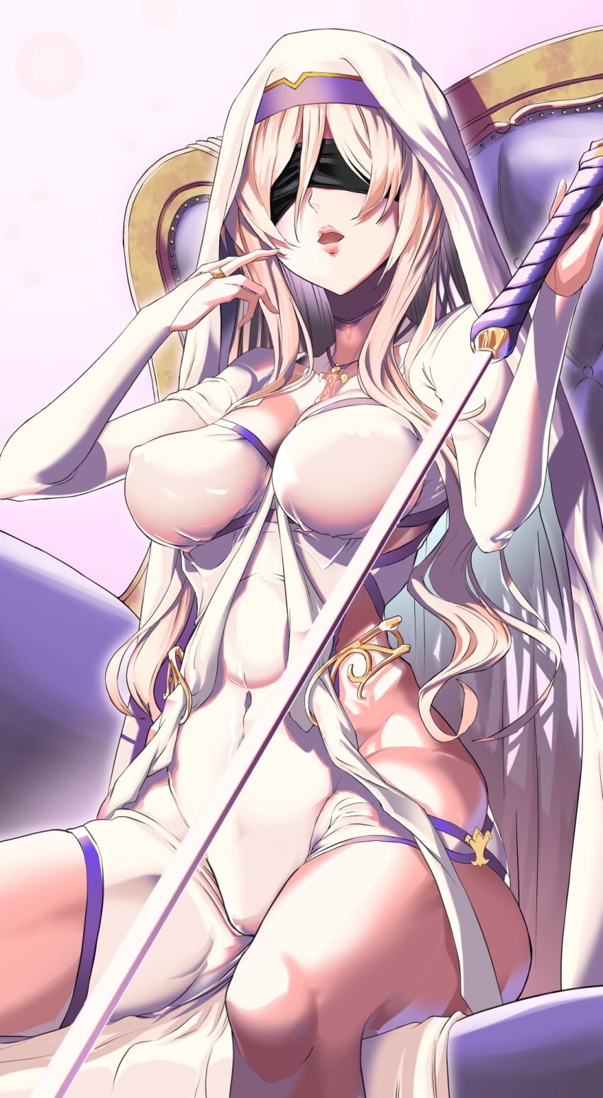 1girl blindfold blonde_hair breasts bridal_gauntlets chair commentary_request covered_erect_nipples covered_navel dress goblin_slayer! highres holding holding_staff jewelry large_breasts long_hair necklace no_panties on_chair parted_lips polearm rokakukei sideless_dress sitting skin_tight solo staff sword_maiden swordstaff veil weapon white_background white_dress white_veil