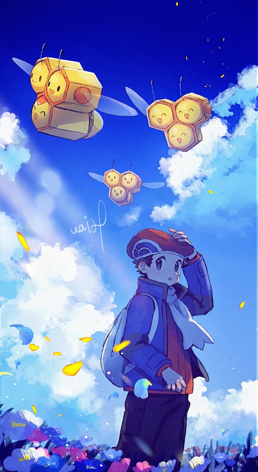 1boy absurdres backpack bag black_hair black_pants blue_jacket cloud combee commentary_request day flower from_side gen_4_pokemon grey_eyes hanenbo hat highres jacket long_sleeves looking_at_viewer lucas_(pokemon) male_focus nintendo outdoors pants petals pokemon pokemon_(creature) pokemon_dppt pokemon_platinum red_headwear scarf short_hair signature sky standing white_bag white_scarf