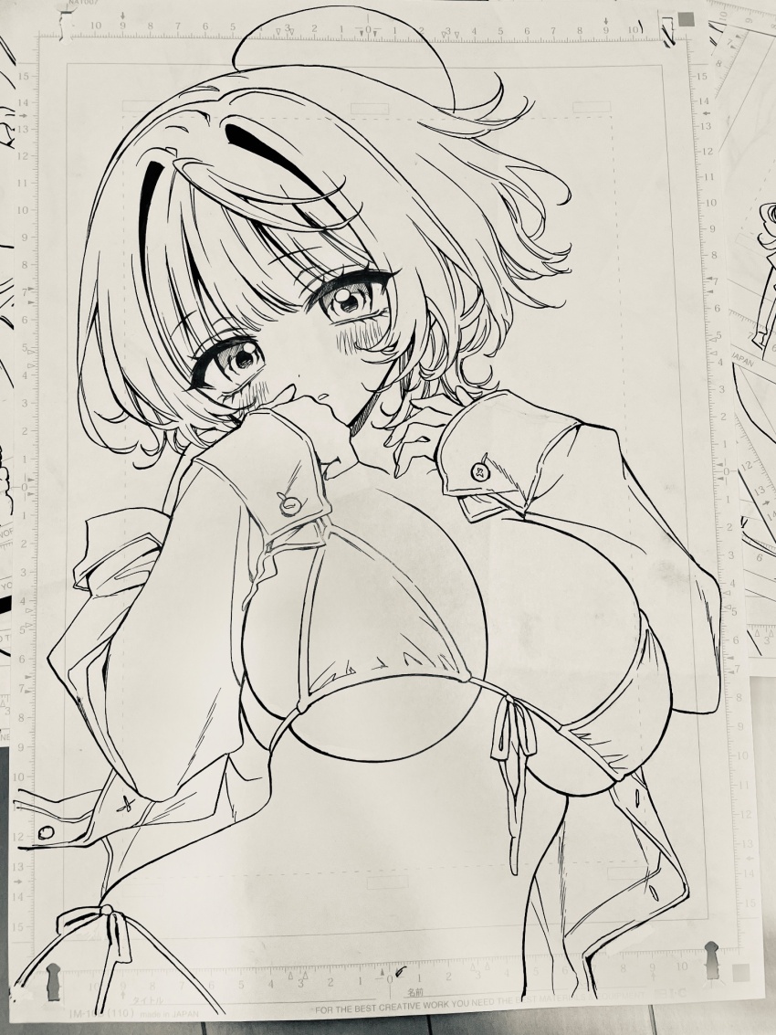 1girl akiyama_enma bikini blush breasts commentary_request front-tie_bikini_top front-tie_top greyscale hair_intakes highres jacket jacket_over_swimsuit large_breasts lineart long_sleeves manuscript_paper monochrome navel nib_pen_(medium) noa-senpai_wa_tomodachi. open_clothes open_jacket parted_lips pen_(medium) photo_(medium) saotome_noa short_hair side-tie_bikini_bottom simple_background skindentation sleeves_past_wrists solo stomach string_bikini swimsuit traditional_media white_background