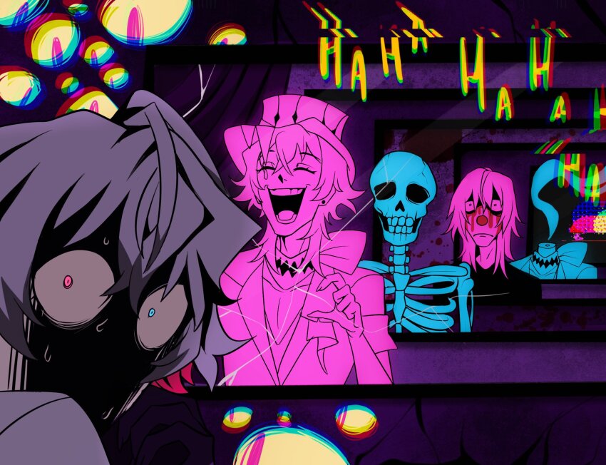 2boys chromatic_aberration clown_nose commentary cracked_screen eyelashes gavis_bettel gavis_bettel_(1st_costume) gloves glowing glowing_eyes grey_hair hair_between_eyes hat heterochromia highres holostars holostars_english horror_(theme) jerry_(gavis_bettel) laughing looking_at_viewer male_focus multiple_boys nervous_sweating pokeparkfan psychedelic sad scared scarf skeleton sound_effects sweat top_hat upper_body virtual_youtuber wide-eyed