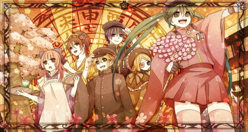 2boys 4girls apron as567 bad_id bad_pixiv_id cherry_blossoms eyepatch gloves hat hatsune_miku headdress japanese_clothes kagamine_len kagamine_len_(ni_no_sakura_senbu) kagamine_rin kagamine_rin_(ni_no_sakura_kouchou) kaito_(rei_no_sakura_sousetsu)_(vocaloid) kaito_(vocaloid) megurine_luka megurine_luka_(san_no_sakura_fuuka) meiko_(rei_no_sakura_benitsubaki)_(vocaloid) meiko_(vocaloid) miniskirt mojisuke multiple_boys multiple_girls peaked_cap pinwheel pleated_skirt pointing red_skirt senbon-zakura_(vocaloid) skirt thighhighs twintails vocaloid
