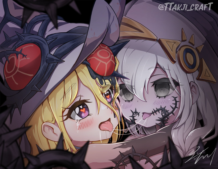 2girls absurdres astellar_of_the_white_forest blonde_hair brown_hat diabellstar_the_black_witch diabellze_the_original_sinkeeper duel_monster elzette_of_the_white_forest empty_eyes grey_eyes grey_hair hat heart heart-shaped_pupils highres multiple_girls open_mouth plant purple_eyes saliva saliva_trail symbol-shaped_pupils tears thorns tongue tongue_out ttakji_craft twitter_username vines white_hat yu-gi-oh! yuri