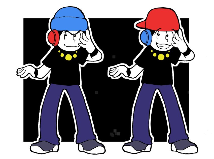 10s 2boys backwards_hat baseball_cap beanie brothers chain gold_chain hat headphones male_focus matching_outfits matsuno_karamatsu matsuno_osomatsu medama-clip minna_no_rhythm_tengoku multiple_boys osomatsu-kun osomatsu-san osomatsu_(series) outside_border parody rhythm_tengoku shoes siblings smile sneakers wristband
