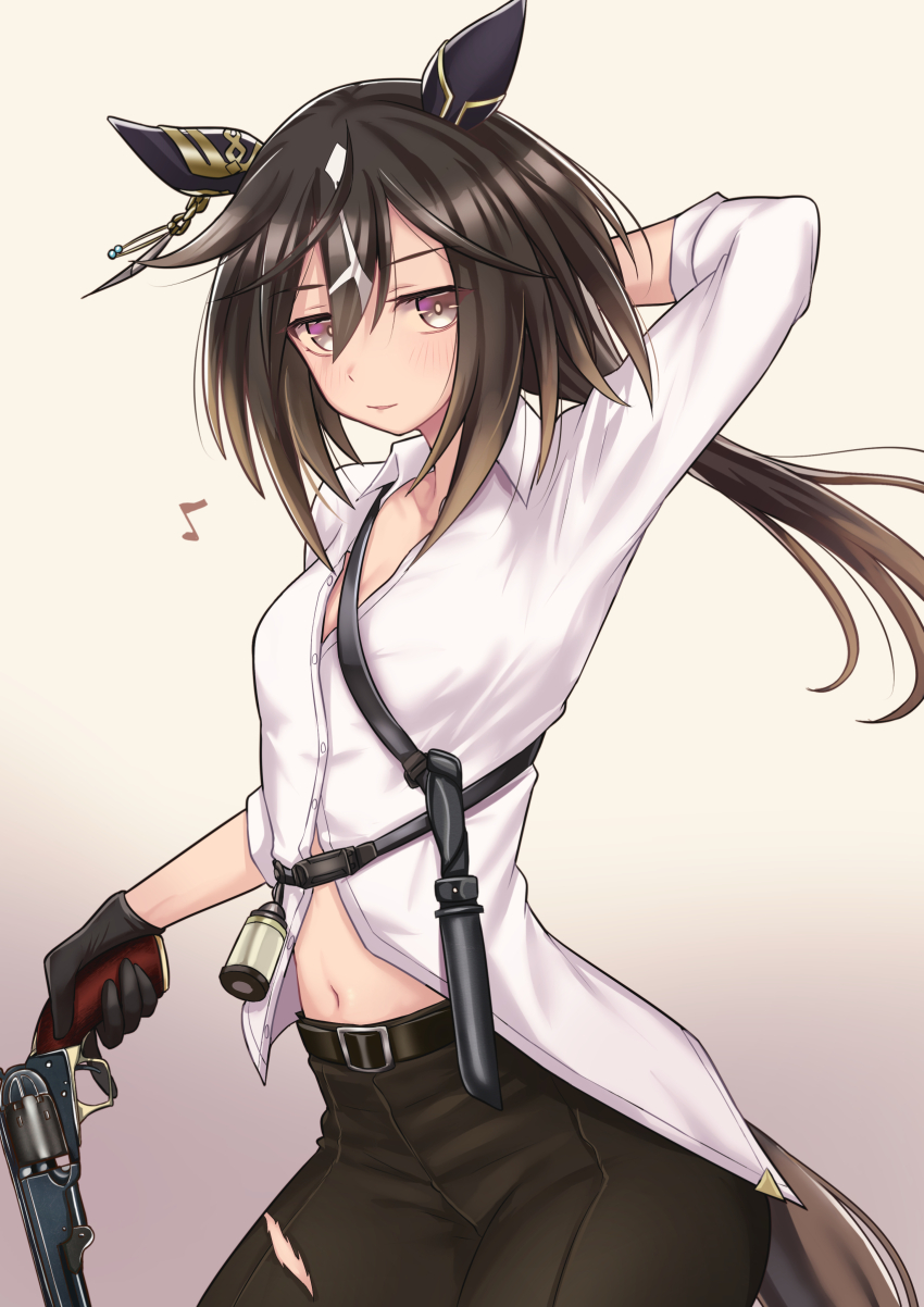 1girl absurdres animal_ears belt black_gloves black_hair black_pants breasts collared_shirt colt_1851_navy commentary_request cosplay ear_covers ear_ornament gloves gradient_hair gun hair_between_eyes hand_up handgun highres holding holding_gun holding_weapon horse_ears horse_girl horse_tail kino_(kino_no_tabi) kino_(kino_no_tabi)_(cosplay) kino_no_tabi long_hair long_sleeves low_ponytail multicolored_hair navel pants ponytail revolver shirt simple_background small_breasts solo stay_gold_(umamusume) tail teaclaw torn_clothes torn_pants trigger_discipline umamusume weapon white_shirt