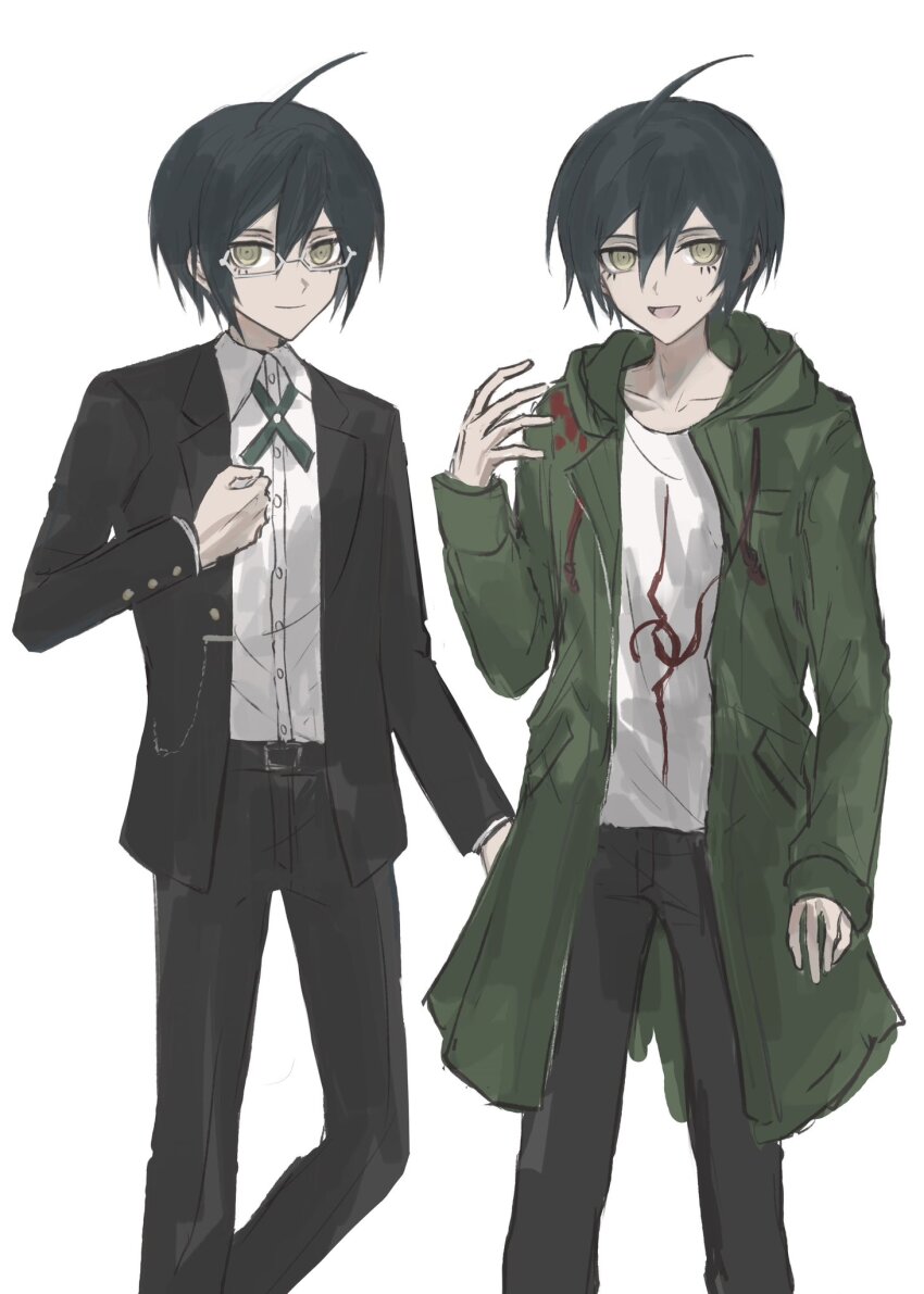 2boys :d ahoge black_hair black_pants brown_eyes collarbone cosplay danganronpa:_trigger_happy_havoc danganronpa_(series) danganronpa_2:_goodbye_despair danganronpa_v3:_killing_harmony dress_shirt dual_persona feet_out_of_frame fu_ga_(vivi912912) glasses green_jacket hair_between_eyes highres jacket komaeda_nagito komaeda_nagito_(cosplay) long_sleeves male_focus multiple_boys open_clothes open_jacket open_mouth pants semi-rimless_eyewear shirt shirt_tucked_in short_hair smile togami_byakuya togami_byakuya_(cosplay) white_shirt