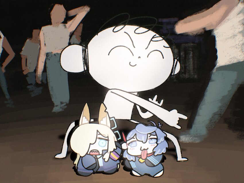 1boy 2girls ako_(blue_archive) animal_ear_fluff animal_ears aqua_halo aqua_shirt bell black_necktie blonde_hair blue_archive blue_eyes blue_hair blue_halo chibi collared_shirt commentary_request dog_ears dog_girl doodle_sensei_(blue_archive) hair_between_eyes hair_over_one_eye halo highres kanna_(blue_archive) long_hair long_sleeves looking_at_viewer multiple_girls neck_bell necktie notched_ear open_mouth police police_uniform policewoman sakano_akr sensei_(blue_archive) sharp_teeth shirt teeth tongue tongue_out