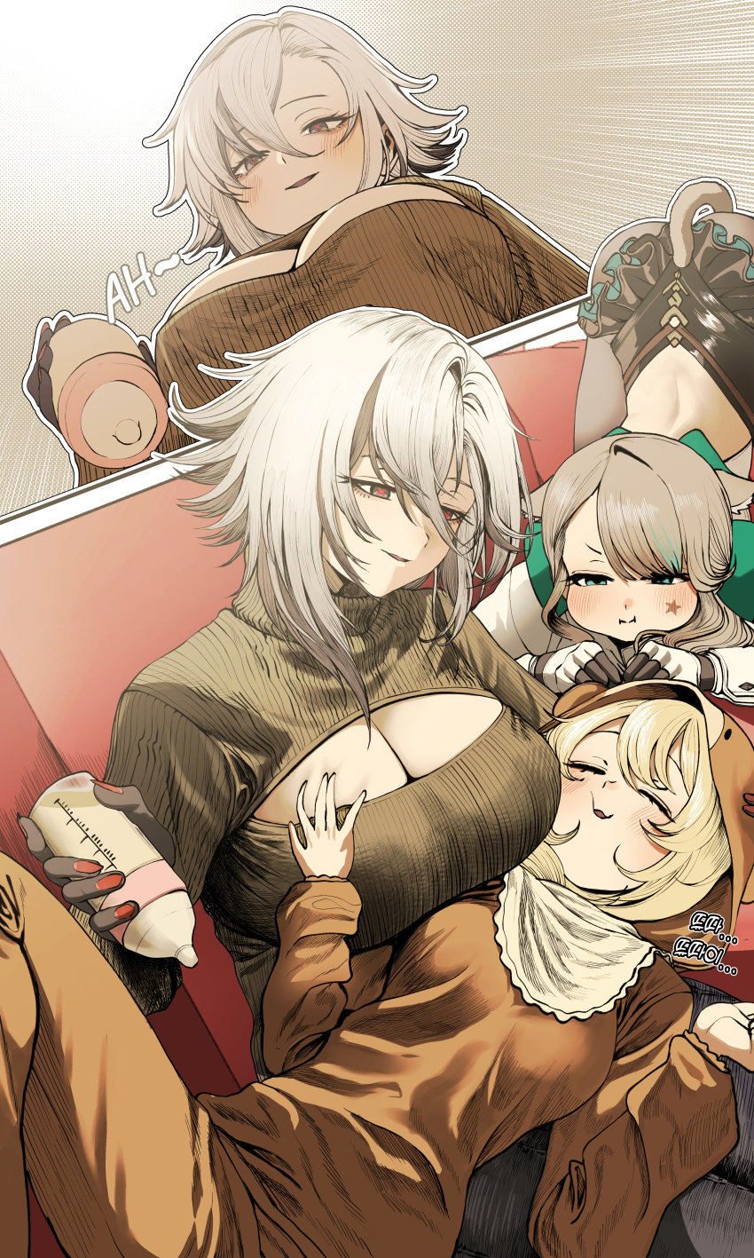 3girls absurdres alternate_costume animal_costume animal_ears aqua_bow aqua_eyes arlecchino_(genshin_impact) baby_bottle back bib black_eyes black_hands black_sweater blonde_hair bottle bow breasts cat_ears cat_girl cat_tail chroong cleavage cleavage_cutout closed_mouth clothing_cutout colored_extremities colored_tips couch envy facial_mark facial_tattoo frilled_leotard frills genshin_impact grabbing_another&#039;s_breast grey_hair groping half-closed_eyes highres holding holding_bottle huge_bow lap_pillow large_breasts leotard lumine_(genshin_impact) lynette_(genshin_impact) medium_breasts multicolored_hair multiple_girls multiple_views nail_polish on_couch outline pout red_nails red_pupils single_ear_down star_(symbol) star_facial_mark star_tattoo sweater symbol-shaped_pupils tail tattoo toenail_polish toenails top-down_bottom-up two-tone_gloves white_hair white_outline x-shaped_pupils