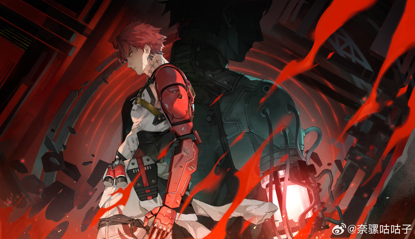 1boy absurdres from_side glowing head_down highres male_focus mechanical_arms multiple_views narakuuu neck_tattoo noctis_(pgr) official_art pants profile punishing:_gray_raven red_background red_hair scar scar_on_face shirt short_hair tattoo upper_body watermark weibo_watermark white_pants white_shirt yellow_eyes