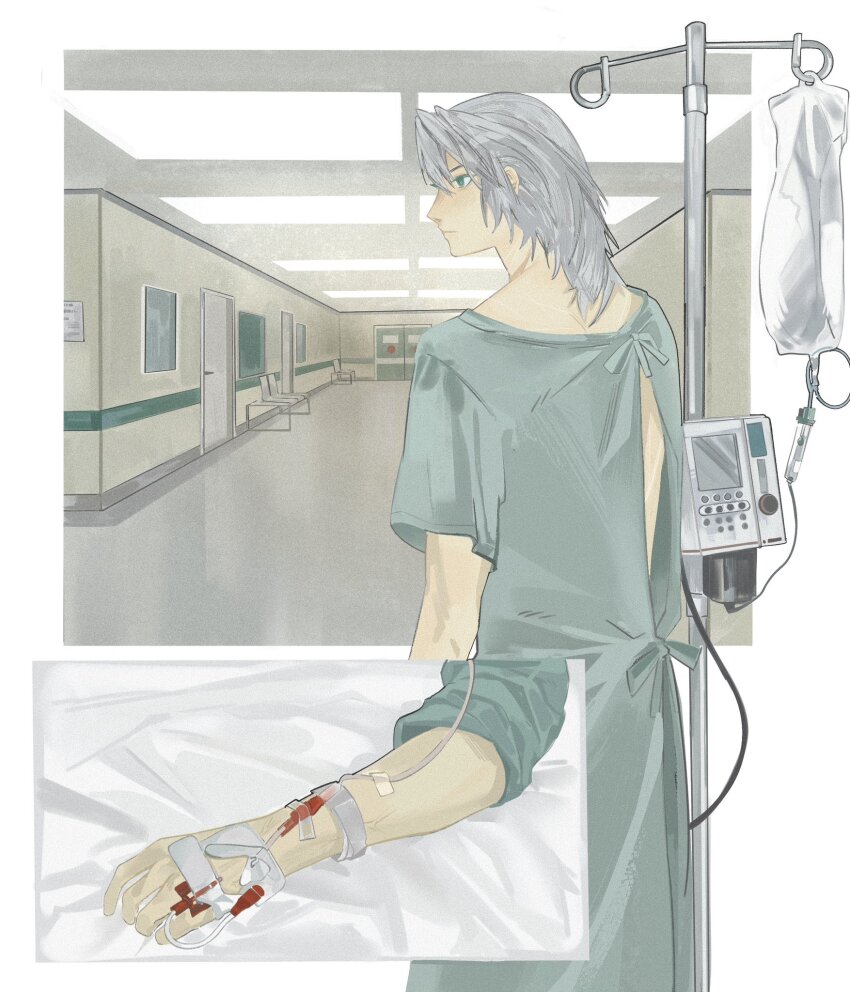 1boy blood final_fantasy final_fantasy_vii final_fantasy_vii_ever_crisis green_eyes grey_hair grey_shirt hair_between_eyes highres hospital hospital_gown indoors intravenous_drip iv_stand lentymet male_focus medium_hair overhead_lights sephiroth sephiroth_(ever_crisis) shirt short_sleeves sleeves_rolled_up solo upper_body