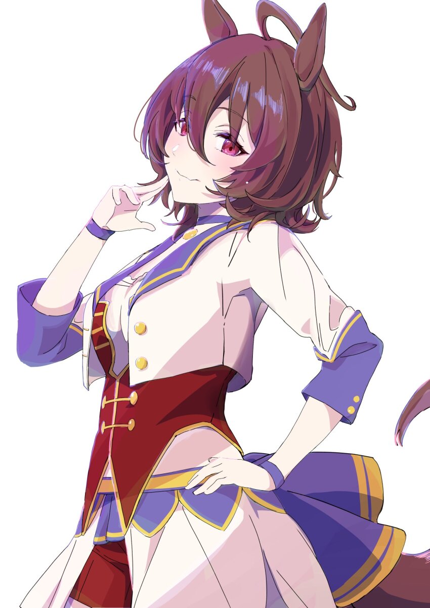 1girl agnes_tachyon_(umamusume) ahoge animal_ears bow bowtie breasts brown_hair brown_tail buttons closed_mouth cowboy_shot cropped_jacket hand_on_own_hip hand_to_own_mouth hashtag-only_commentary highres horse_ears horse_girl horse_tail jacket light_blush looking_at_viewer medium_breasts medium_hair official_alternate_costume pendant_choker purple_bow purple_bowtie purple_jacket red_shorts red_vest shorts simple_background starting_future_(umamusume) striped_clothes tail umamusume vest white_background white_jacket wristband yataneko_(echigo)