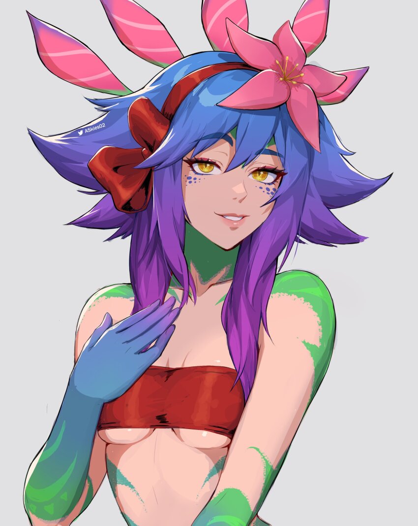 1girl absurdres allen_skies bandeau bare_shoulders blue_skin bow breasts colored_skin flower green_skin grey_background hair_between_eyes hair_bow hair_flower hair_ornament highres league_of_legends long_hair medium_breasts neeko_(league_of_legends) orange_eyes pink_flower red_bandeau red_bow shiny_skin simple_background smile solo teeth upper_body