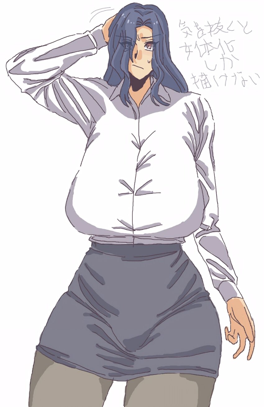 1girl alternate_breast_size black_hair blush breasts female_focus genderswap genderswap_(mtf) highres large_breasts long_hair maharirisu7318 melty_blood michael_roa_valdamjong office_lady pantyhose plump red_eyes sagging_breasts shirt simple_background skirt thick_thighs thighs tsukihime type-moon vampire wide_hips
