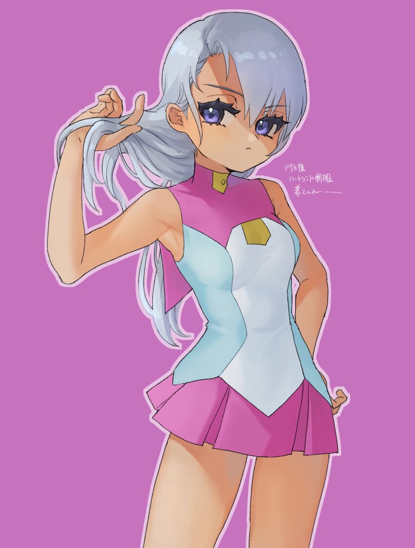 1girl cosplay hair_between_eyes hand_in_own_hair hand_on_own_hip highres long_hair miniskirt mizuki_kotori_(yu-gi-oh!) mizuki_kotori_(yu-gi-oh!)_(cosplay) mutsuba_asaka pink_background pink_skirt pleated_skirt purple_eyes serious simple_background skirt white_hair yu-gi-oh! yu-gi-oh!_go_rush!! yu-gi-oh!_zexal yuzutaroman