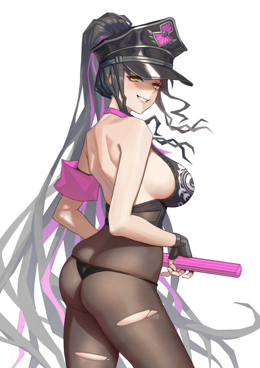 1girl absurdres ass bikini black_bikini black_bodystocking black_gloves black_hair black_hat bodystocking breasts butt_crack chaldea_logo facial_mark fate/grand_order fate_(series) fingerless_gloves forehead_mark gloves hat highres large_breasts long_hair looking_at_viewer multicolored_hair necktie official_alternate_costume peaked_cap pink_necktie police_hat purple_streaks sessyoin_kiara sessyoin_kiara_(swimsuit_mooncancer)_(second_ascension) smile streaked_hair swimsuit tattered_helmet_(polan_kui) torn_bodystocking torn_clothes traffic_baton very_long_hair yellow_eyes