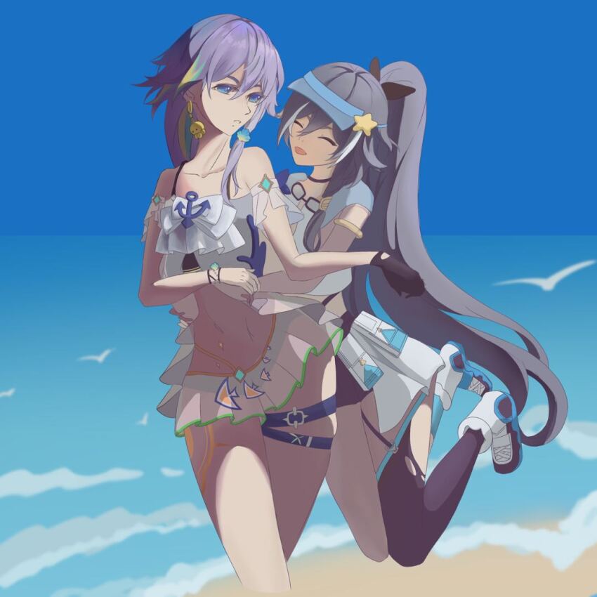 2girls bare_shoulders beach bikini bird black_bow black_gloves black_shorts black_thighhighs blonde_hair blue_background blue_eyes blue_hair blue_headwear blue_sky boots bow closed_eyes eyewear_on_head fingerless_gloves fu_hua herrscher_of_sentience fu_hua_(seagull&#039;s_soar) fu_hua_(shadow_knight) gloves goggles grey_hair hair_between_eyes hair_ornament happy herrscher_of_sentience_(ooh!_summer!) high_ponytail honkai_(series) honkai_impact_3rd hug hug_from_behind jewelry jumping lalala46802617 leg_tattoo long_hair looking_at_another low-tied_long_hair low_ponytail multicolored_hair multiple_girls navel ocean official_alternate_costume on_head open_mouth parted_lips ponytail short_shorts shorts single_glove single_thighhigh sky sleeveless star_(symbol) star_hair_ornament stomach streaked_hair sunglasses swimsuit tattoo thighhighs thighs torn_clothes torn_thighhighs unworn_eyewear unworn_goggles visor_cap white_bikini white_bird white_footwear white_hair white_swimsuit