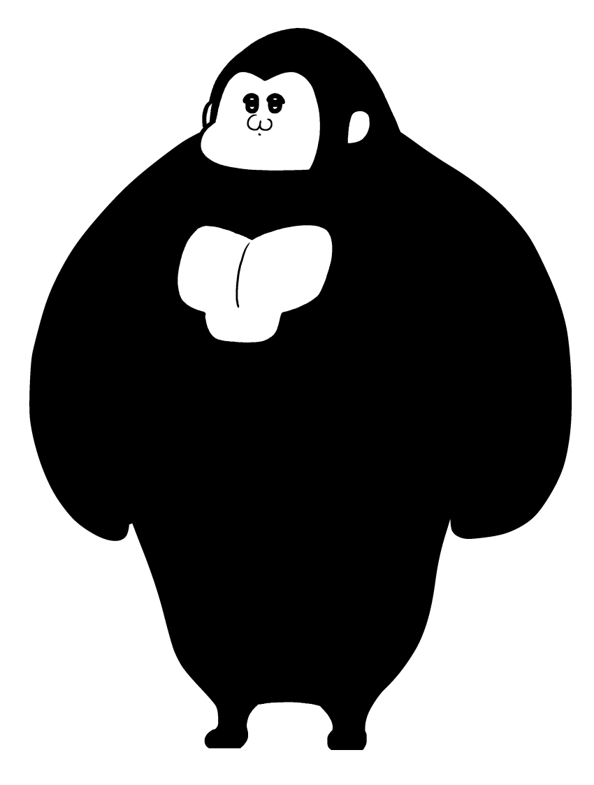1boy :3 absurdres ape chibi crossover godzilla_(series) godzilla_vs._kong godzilla_x_kong:_the_new_empire gorilla highres kaiju king_kong king_kong_(series) koutarosu legendary_pictures monochrome monsterverse muscular no_humans parody pectorals simple_background smile style_parody traditional_media white_background