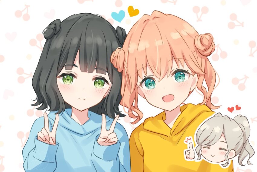 3girls :&gt; :d ^_^ alt_text aqua_eyes black_hair blue_hoodie blunt_bangs ceras_yanagida_lilienfeld cerise_bouquet cherry_background closed_eyes closed_mouth commentary_request crossed_bangs double_v flipped_hair food-themed_background green_eyes hair_intakes hanazora_satsuki heart hinoshita_kaho hood hoodie link!_like!_love_live! long_sleeves looking_at_viewer love_live! medium_hair miyake_miu momose_ginko multiple_girls nirei_nozomi open_mouth ponytail sakurai_hina seeno_de!_hasu_no_sora! sidelocks smile split_mouth twintails upper_body v virtual_youtuber voice_actor_connection white_background yellow_hoodie