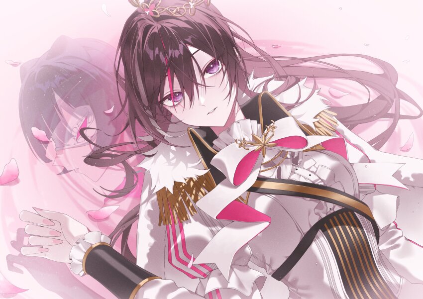 1girl absurdres ascot azki_(2nd_costume)_(hololive) azki_(hololive) blush breasts brown_hair cape center_frills commentary double-parted_bangs eyelashes frills fur-trimmed_cape fur_trim gang_h gold_tiara hair_between_eyes highres hololive long_hair long_sleeves looking_at_viewer medium_breasts mole mole_under_eye multicolored_hair multiple_views nail_polish official_alternate_costume parted_lips pink_nails pink_streaks purple_eyes shirt streaked_hair underbust upper_body very_long_hair virtual_youtuber white_ascot white_shirt