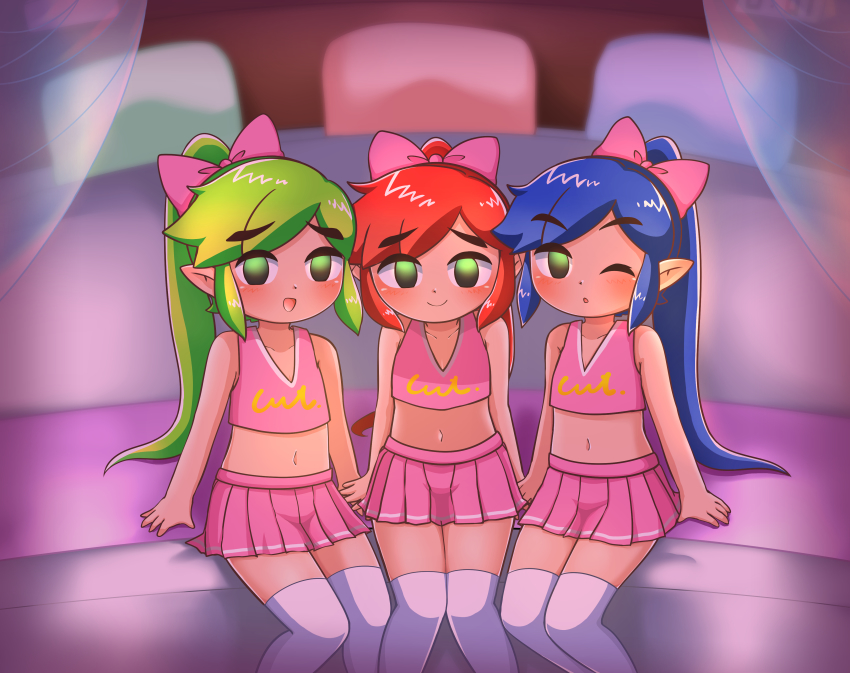 3boys :d :o absurdres bare_shoulders blue_hair blush bow cheerleader cheerleader_link closed_mouth collarbone crop_top crossdressing curtains eyebrows green_eyes green_hair hair_bow highres indoors link long_hair looking_at_viewer male_focus multiple_boys navel nintendo official_alternate_costume on_bed one_eye_closed open_mouth papapaimon pillow pink_bow pink_skirt pleated_skirt pointy_ears ponytail red_hair sidelocks sitting skirt sleeveless smile the_legend_of_zelda the_legend_of_zelda:_tri_force_heroes toon_link trap v-neck wink