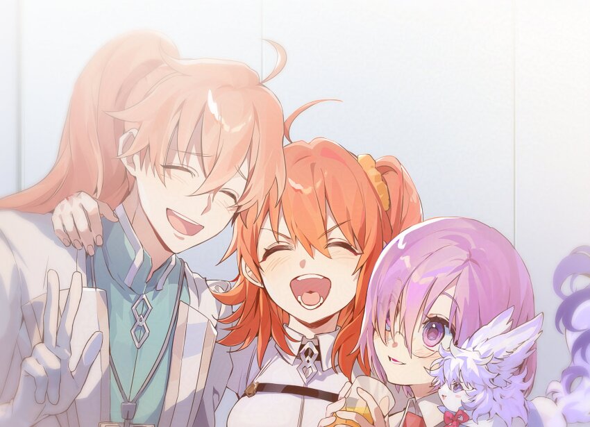 0304rong0304 1boy 2girls :d ^_^ adversarial_noise ahoge arm_around_shoulder blush chaldea_logo chaldea_uniform closed_eyes coat collared_jacket commentary_request cup eyes_visible_through_hair facing_viewer fate/grand_order fate_(series) fou_(fate) fujimaru_ritsuka_(female) hair_between_eyes hair_ornament hair_over_one_eye hair_scrunchie half_updo hand_on_another&#039;s_shoulder highres holding holding_cup jacket korean_commentary lanyard long_hair long_sleeves looking_at_another mash_kyrielight multiple_girls open_mouth orange_hair orange_scrunchie ponytail purple_eyes purple_hair romani_archaman scrunchie short_hair smile v-shaped_eyebrows w white_coat white_jacket wing_collar