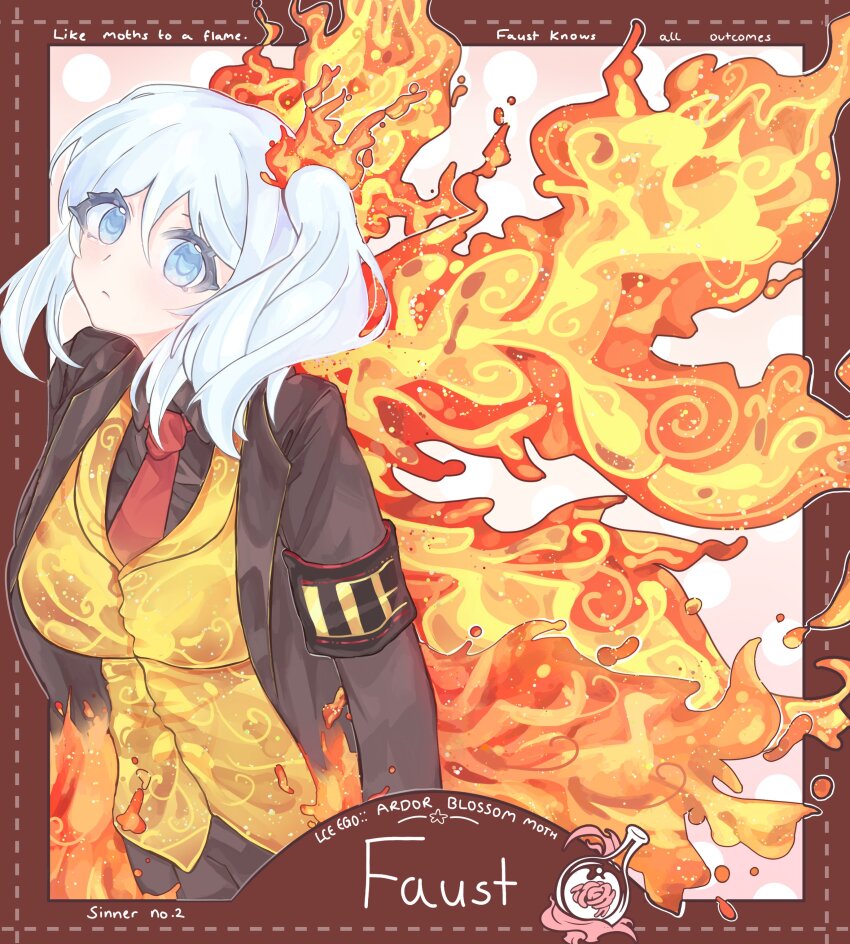 1girl absurdres ardor_blossom_star_(e.g.o) armband black_jacket black_shirt blue_eyes border breasts brown_border character_name closed_mouth collared_shirt e.g.o_(project_moon) faust_(project_moon) fiery_clothing fiery_wings fire_hair_ornament highres jacket kyuncat lce_(identity)_(project_moon) limbus_company long_sleeves looking_at_viewer necktie orange_vest pink_background project_moon red_necktie shirt short_hair side_ponytail simple_background solo standing upper_body vest white_hair wings