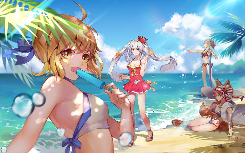 4girls ahoge animal_ear_fluff animal_ears artoria_pendragon_(fate) artoria_pendragon_(swimsuit_archer)_(fate) artoria_pendragon_(swimsuit_archer)_(first_ascension)_(fate) beach bikini blonde_hair blue_bikini blue_eyes blush braid breasts charlenechan925 cleavage collarbone crab crab_on_head day ears_through_headwear fate/grand_order fate_(series) food fox_ears fox_tail french_braid front-tie_bikini_top front-tie_top green_eyes groin hair_ornament hair_scrunchie hat highres ice large_breasts long_hair looking_at_viewer marie_antoinette_(fate) marie_antoinette_(swimsuit_caster)_(first_ascension)_(fate) medium_breasts mordred_(fate) mordred_(fate/apocrypha) mordred_(swimsuit_rider)_(fate) mordred_(swimsuit_rider)_(first_ascension)_(fate) multiple_girls navel ocean one_eye_closed open_mouth outdoors palm_leaf palm_tree palms pink_hair pointing ponytail red_bikini red_scrunchie scrunchie side-tie_bikini_bottom silver_hair sky smile star_(symbol) star_hair_ornament sun_hat swimsuit tail tamamo_(fate) tamamo_no_mae_(swimsuit_lancer)_(fate) tree twintails very_long_hair white_bikini yellow_eyes