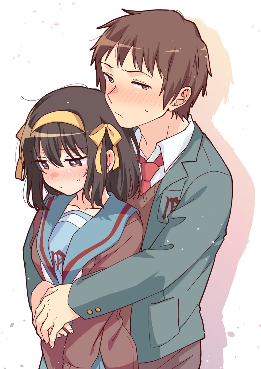 1boy 1girl blazer blue_sailor_collar blue_skirt blush breast_pocket brown_eyes brown_hair brown_pants closed_mouth collarbone collared_shirt green_jacket hair_ribbon hairband hetero highres hug hug_from_behind jacket kita_high_school_uniform kyon long_sleeves medium_hair necktie open_clothes open_jacket pants pleated_skirt pocket red_necktie ribbon sailor_collar school_emblem school_uniform serafuku shirt short_hair skirt standing suzumiya_haruhi suzumiya_haruhi_no_yuuutsu taiki_(6240taiki) white_shirt winter_uniform yellow_hairband yellow_ribbon