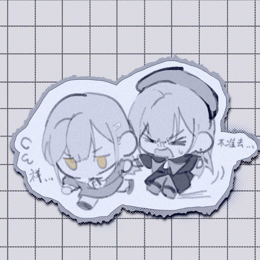 &gt;_&lt; 2girls bang_dream! bang_dream!_it&#039;s_mygo!!!!! beret chinese_commentary chinese_text commentary_request dress dual_persona greyscale hair_ornament hairclip hat monochrome mortis_(bang_dream!) mortis_(costume)_(bang_dream!) mortis_(persona)_(bang_dream!) multiple_girls open_mouth skirt translation_request wakaba_mutsumi yellow_eyes yi_chuan_xian_hua