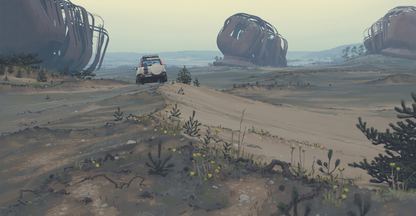 abandoned absurdres car cloud cloudy_sky highres honda honda_cr-v motor_vehicle no_humans rust sand science_fiction simon_stalenhag sky sports_utility_vehicle swedish_machines tree