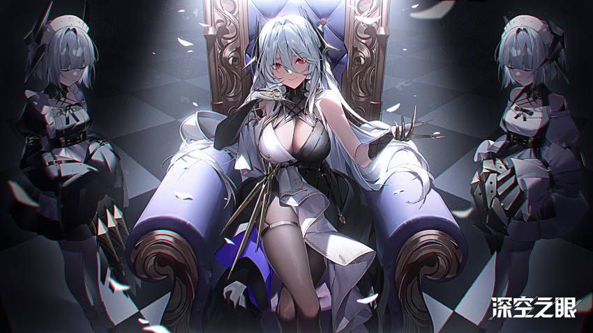 3girls aether_gazer bare_shoulders black_claws black_dress black_pantyhose bowing breasts chinese_commentary chromatic_aberration cleavage closed_eyes closed_mouth commentary_request crossed_legs dress elbow_rest hades_(aether_gazer) hair_between_eyes hair_ornament hand_up heavy_chromatic_aberration highres huge_claws large_breasts leuce_(aether_gazer) long_hair looking_at_viewer maid maid_headdress medium_breasts mintha_(aether_gazer) multiple_girls off-shoulder_dress off_shoulder official_art official_wallpaper pantyhose red_eyes see-through_cleavage see-through_clothes short_hair sitting smile standing thigh_strap two-tone_dress white_dress white_hair