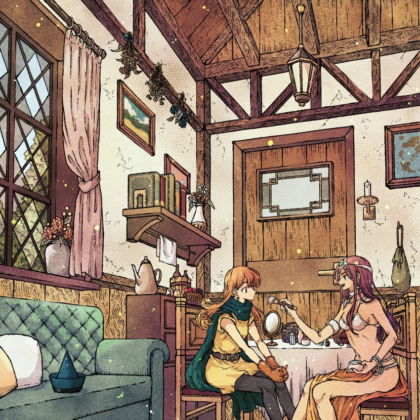 2girls alena_(dq4) armor bag bare_shoulders bikini bikini_armor black_pants blue_hat book breasts brown_gloves candlestand chair cloak couch dancer&#039;s_costume_(dq) dragon_quest dragon_quest_iv earrings feet_out_of_frame gem gloves green_cloak green_gemstone hat highres holding holding_brush holding_jar holding_makeup_brush indoors jar jewelry long_hair long_skirt makeup_brush manya_(dq4) map medium_breasts midriff mirror multiple_girls navel on_chair open_mouth orange_hair orange_skirt pants pelvic_curtain purple_hair sitting skirt smile sphere_earrings swimsuit table tablecloth teapot toriga tunic unworn_hat unworn_headwear v_arms vase white_bikini window wooden_door yellow_tunic