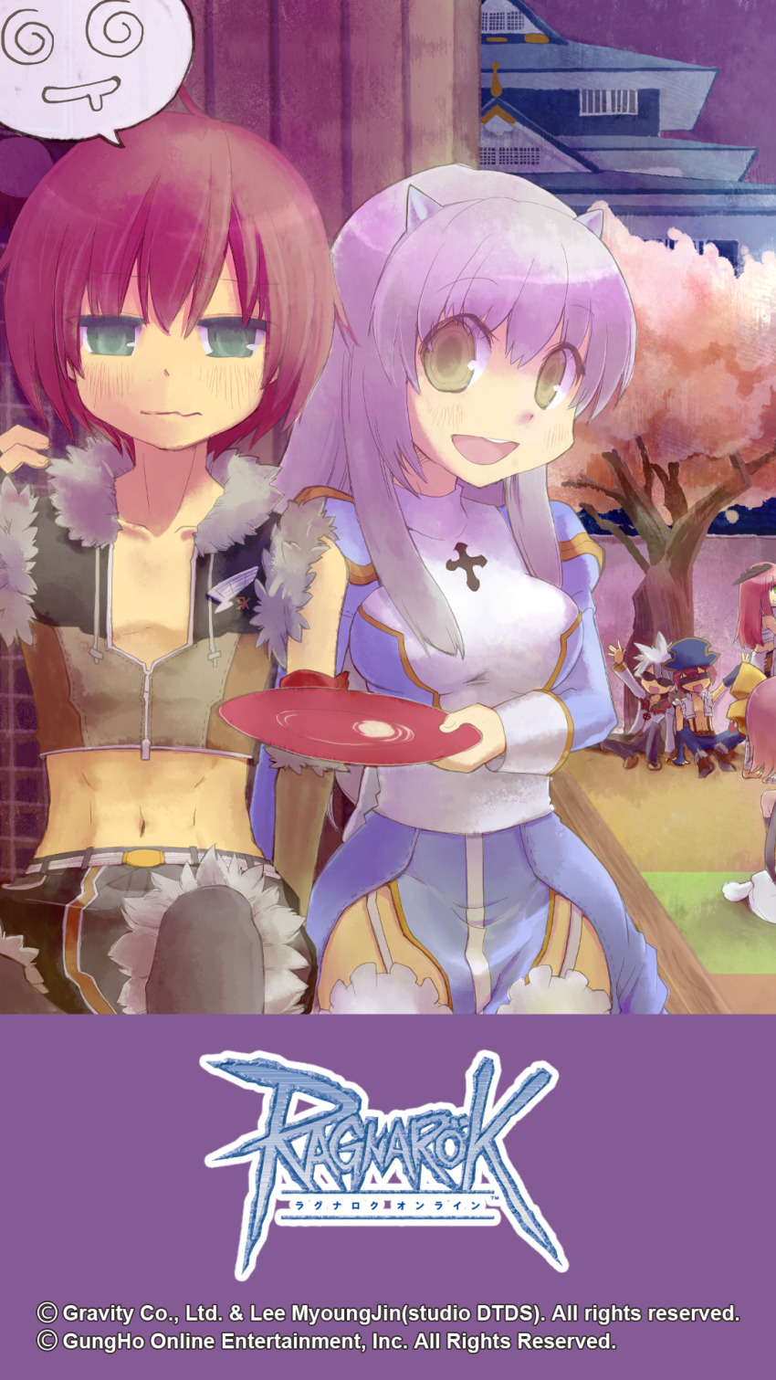 3boys 3girls alcohol alternate_color aura_(a440) black_pants blindfold blue_dress blue_pants blush breasts brown_gloves brown_shirt brown_shorts castle cherry_blossoms chest_sarashi closed_mouth cone_horns copyright_notice cowboy_shot crop_top cup dress drunk fake_horns fur-trimmed_gloves fur-trimmed_shirt fur-trimmed_shorts fur_trim garter_straps gloves green_eyes grey_horns grey_pants guest_art head_wings high_priest_(ragnarok_online) highres holding holding_cup horns juliet_sleeves logo long_hair long_sleeves looking_at_viewer mechanic_(ragnarok_online) medium_breasts midriff multiple_boys multiple_girls navel official_art official_wallpaper open_mouth outdoors pants pants_under_shorts party pink_hair puffy_sleeves purple_hair purple_sky ragnarok_online red_hair sakazuki sake sarashi sash shirt short_hair shorts sitting sky sleeveless sleeveless_shirt smile sniper_(ragnarok_online) standing sura_(ragnarok_online) thighhighs tree two-tone_dress two-tone_shirt wavy_mouth white_dress white_hair white_sash white_shirt white_thighhighs whitesmith_(ragnarok_online) wings yellow_eyes
