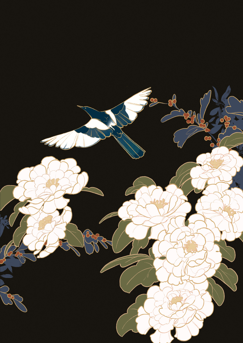 absurdres animal animal_focus berry bird black_background commentary_request flower highres no_humans original peony_(flower) plant simple_background surie white_flower