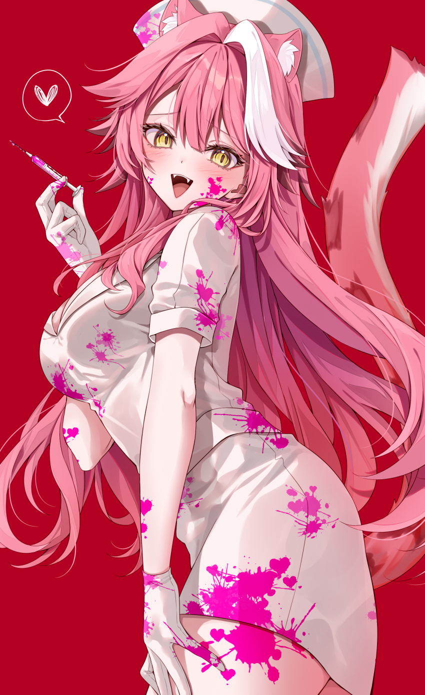 1girl :d absurdres animal_ears breasts center-flap_bangs cleavage commentary double-parted_bangs dress english_commentary extra_ears fangs from_side gloves hair_between_eyes hand_up hat heart highres holding holding_syringe hololive hololive_english large_breasts long_hair looking_at_viewer mogu_(au1127) multicolored_hair nurse nurse_cap open_mouth paint_splatter paint_splatter_on_face panther_ears panther_girl panther_tail pink_hair raora_panthera red_background short_sleeves sidelocks simple_background smile solo spoken_heart streaked_hair syringe tail teeth upper_teeth_only very_long_hair virtual_youtuber white_dress white_gloves white_hat white_streaks yellow_eyes