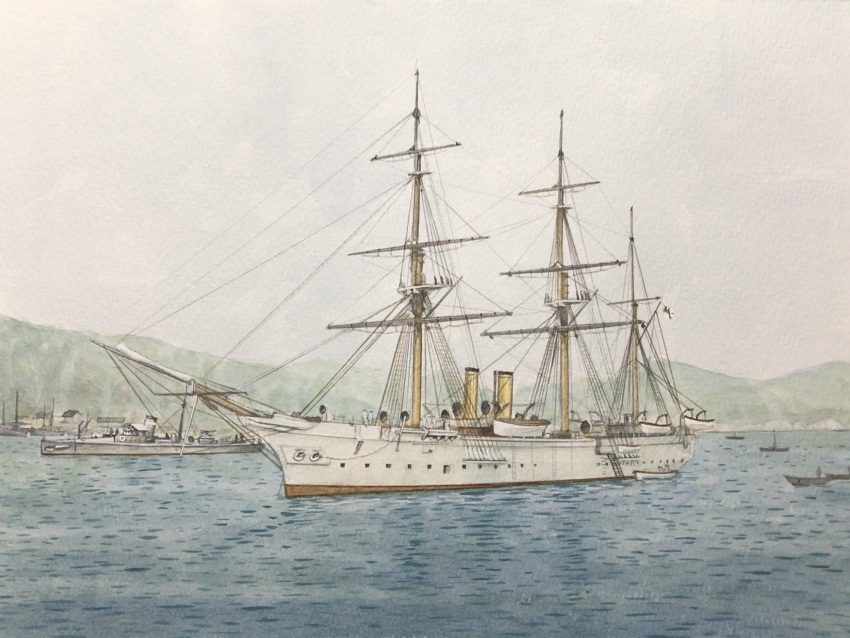 arkona_(corvette) atelier_bono highres imperial_german_navy imperial_war_flag mast military_vehicle mountainous_horizon no_humans ocean original painting_(medium) port ship sky smokestack steamboat traditional_media warship watercolor_(medium) watercraft