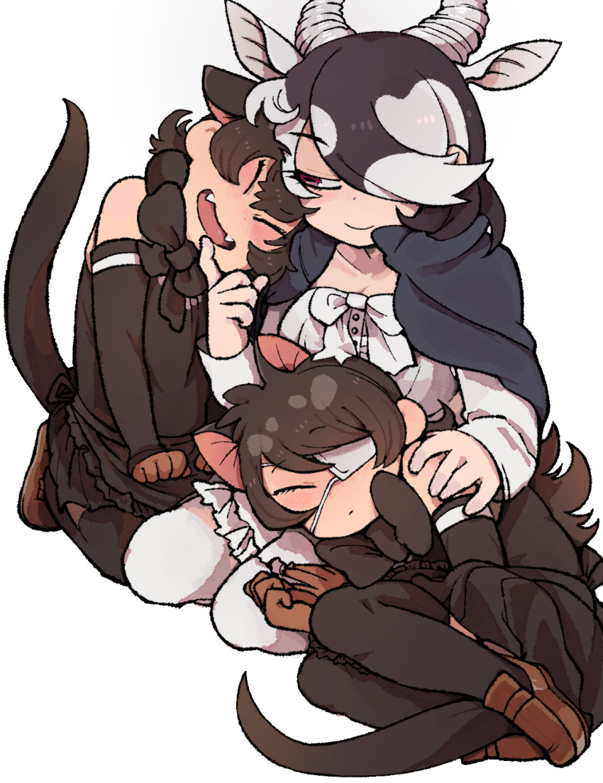 3girls antelope_ears antelope_horns australian_devil_(kemono_friends) bare_shoulders batten_japari_dan black_bow black_bowtie black_cape black_hair black_legwear black_shirt black_skirt blackbuck_(kemono_friends) blouse bow bowtie brown_footwear brown_gloves cape curled_up detached_sleeves extra_ears eyepatch closed_eyes fangs gloves hair_over_one_eye hand_on_another&#039;s_chin hand_on_another&#039;s_shoulder head_on_another&#039;s_shoulder head_tilt highres horns igarashi_(nogiheta) kemono_friends loafers long_hair long_sleeves looking_at_another medical_eyepatch multicolored_hair multiple_girls open_mouth pantyhose pleated_skirt red_eyes seiza shirt shoes short_hair sitting skirt sleeping sleeping_on_person sleeveless smile stroking_another&#039;s_chin tasmanian_devil_(kemono_friends) tasmanian_devil_ears tasmanian_devil_tail thighhighs white_hair white_legwear white_shirt white_skirt zettai_ryouiki