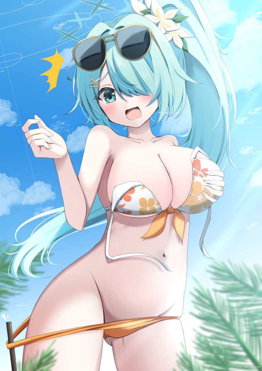 1girl ^^^ absurdres bare_shoulders bikini bikini_bottom_pull blue_archive blue_sky blush breasts cleavage collarbone commentary_request cowboy_shot curvy day eyebrows_hidden_by_hair eyewear_on_head floating_hair floral_print floral_print_bikini flower gluteal_fold grabbing_own_breast green_eyes green_hair green_halo groin hair_between_eyes hair_flower hair_intakes hair_ornament hair_over_one_eye hairclip halo hands_up highres hiyori_(blue_archive) hiyori_(swimsuit)_(blue_archive) kamesys large_breasts leaf_hair_ornament long_bangs long_hair looking_at_viewer multicolored_bikini navel official_alternate_hairstyle one_eye_covered open_mouth orange_bikini outdoors palm_leaf print_bikini side_ponytail sky solo stomach sunglasses surprised swimsuit tearing_up tears two-tone_bikini very_long_hair wardrobe_malfunction white_bikini white_flower x_hair_ornament yellow-framed_eyewear