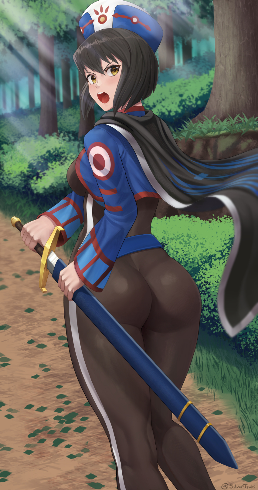 1girl absurdres artist_request ass blush bodysuit breasts brown_eyes brown_hair cape chloe_valens fighting_stance from_behind frown hat highres looking_back medium_breasts open_mouth ready_to_draw sheath sheathed short_hair sideboob skin_tight solo sword tales_of_(series) tales_of_legendia weapon