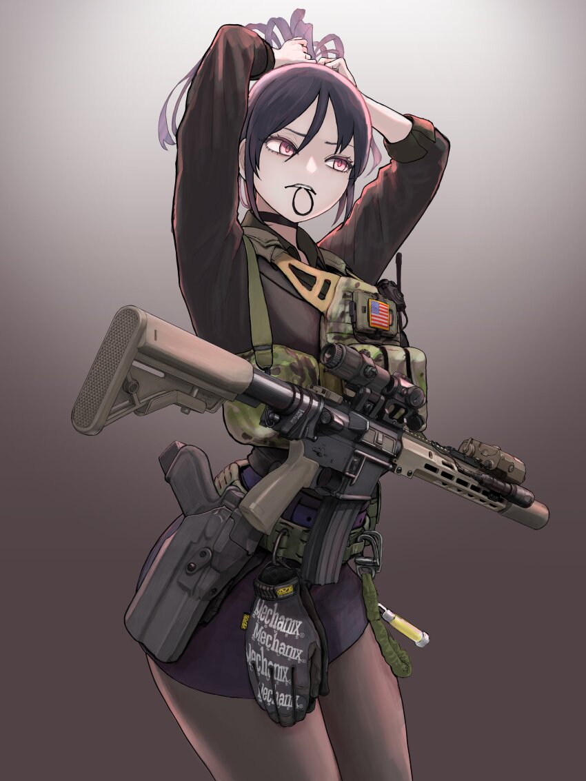 1girl absurdres adjusting_hair american_flag ammunition_pouch ar-15 arms_behind_head arms_up assault_rifle belt black_choker black_gloves black_pantyhose black_shirt blue_skirt brown_belt bulletproof_vest camouflage_vest choker collared_shirt flashlight gloves glowstick gradient_background grey_background gun hair_between_eyes hair_tie hair_tie_in_mouth hand_up hands_in_hair high_ponytail highres holster laser_sight magazine_(weapon) mouth_hold nyo551 original pantyhose patch pencil_skirt ponytail pouch purple_eyes purple_hair radio radio_antenna red_dot_sight rifle scope shirt simple_background skirt solo suppressor tying_hair unworn_gloves weapon