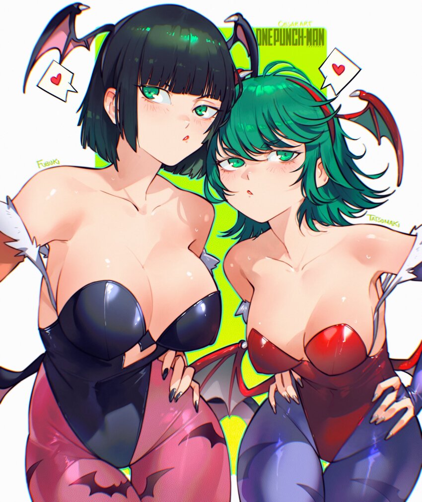 2girls alternate_breast_size animal_print bare_shoulders bat_print bat_wings black_leotard black_nails breasts cesar_art456 clothing_cutout commentary_request copyright_name cosplay darkstalkers demon_girl fake_head_wings female_focus fubuki_(one-punch_man) fur-trimmed_leotard fur_trim green_eyes green_hair grey_nails head_wings heart heart_cutout highleg highleg_leotard highres huge_breasts large_breasts leotard lilith_(darkstalkers) lilith_(darkstalkers)_(cosplay) low_wings matching_hair/eyes medium_breasts medium_hair morrigan_aensland morrigan_aensland_(cosplay) multiple_girls one-punch_man pantyhose pink_pantyhose print_pantyhose purple_pantyhose red_leotard siblings sisters spanish_commentary spoken_heart strapless strapless_leotard tatsumaki wings