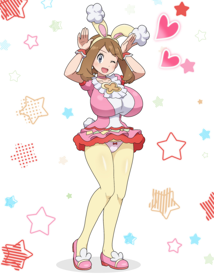 1girl adapted_costume animal_ears arms_up breasts brown_hair collarbone fake_animal_ears full_body grey_eyes hitokiwa_kenchin huge_breasts looking_at_viewer may_(pokemon) may_(spring_2021)_(pokemon) miniskirt nintendo one_eye_closed open_mouth panties pantyhose pink_panties pink_shoes pink_skirt pokemon pokemon_masters_ex rabbit_ears rabbit_pose shoes short_sleeves skirt smile solo star underwear white_background wink yellow_pantyhose