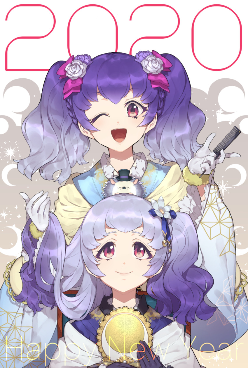 2020 2girls aikatsu!_(series) aikatsu_friends! blue_hair comb commentary_request flower gloves gradient_hair hair_flower hair_ornament hair_ribbon hat hedgehog highres hitoto long_hair long_sleeves moon multicolored_hair multiple_girls one_eye_closed open_mouth red_eyes ribbon shirayuri_kaguya shirayuri_sakuya siblings sisters sleeping smile top_hat twins twintails
