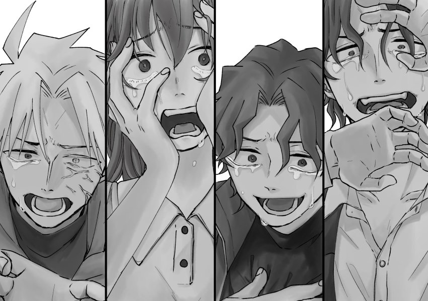 1girl 3boys ahoge brothers column_lineup crying crying_with_eyes_open fate/stay_night fate/zero fate_(series) father_and_son formal_clothes hair_ribbon hand_on_own_face hands_on_own_face heaven&#039;s_feel highres hood hoodie incoming_attack long_hair matou_byakuya matou_kariya matou_sakura matou_shinji multiple_boys open_mouth ribbon ronpaxronpa short_hair siblings streaming_tears suit sweater tears turtleneck turtleneck_sweater uncle_and_niece wavy_hair white_hair