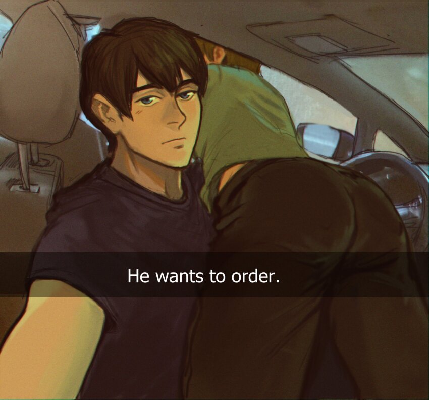 2boys ass blush car_interior car_seat english_text free! he_wants_to_order_(meme) highres juni_(iloveyouapollo) looking_at_viewer lying_on_person male_focus meme multiple_boys nanase_haruka_(free!) pants rear-view_mirror selfie short_hair snapchat steering_wheel tachibana_makoto thick_eyebrows yaoi