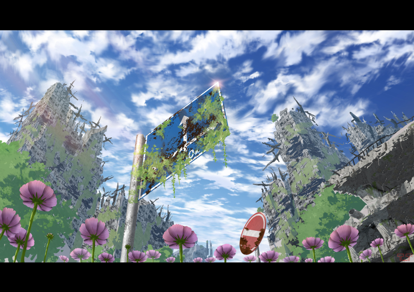 abandoned absurdres blue_sky building cloud day dilapidated flower highres moss no_humans original outdoors overgrown post-apocalypse road_sign ruins scenery sign sky sumassha_t_t