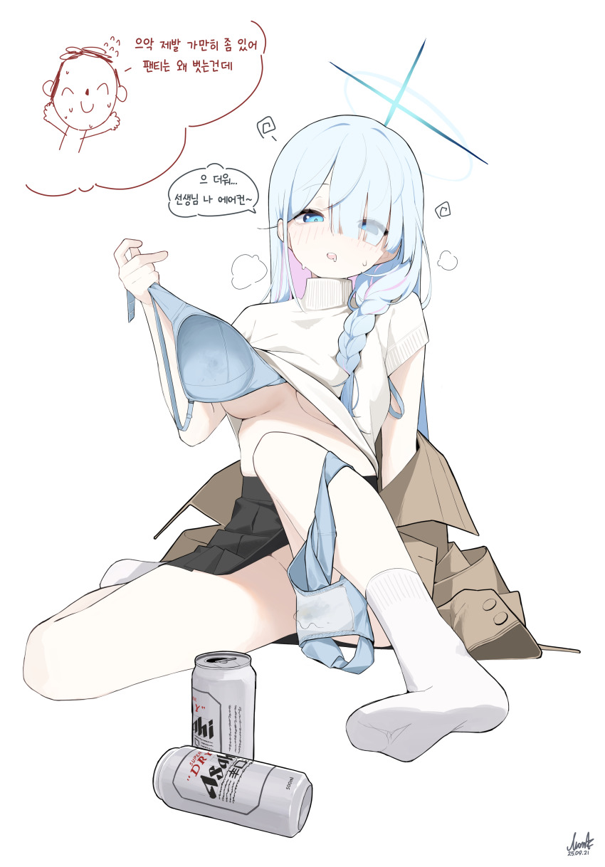 1girl absurdres asahi_breweries beer_can black_skirt blue_archive blue_bra blue_hair blue_panties bra braid breasts can colored_inner_hair commentary_request convenient_censoring doodle_sensei_(blue_archive) drink_can drooling drunk female_pubic_hair general_student_council_president_(blue_archive) halo highres inset korean_commentary long_hair looking_at_viewer medium_breasts mona_kkkk mouth_drool multicolored_hair no_shoes panties panties_around_leg pink_hair pleated_skirt pubic_hair pussy_juice_stain removing_bra sensei_(blue_archive) single_braid sitting skirt socks speech_bubble stray_pubic_hair sweat sweater translation_request two-tone_hair underboob underwear white_socks white_sweater