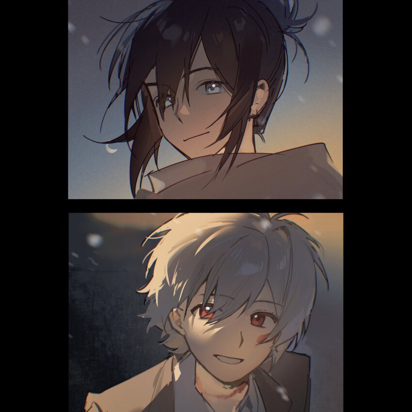 2boys black_border black_hair border brown_jacket closed_mouth collared_shirt floating_hair grey_eyes grey_scarf hair_between_eyes highres jacket kanse0325 looking_at_viewer male_focus multiple_boys nezumi_(no.6) night no.6 parted_lips ponytail portrait red_eyes scarf shion_(no.6) shirt short_hair short_ponytail sidelocks smile snow snowflakes snowing teeth white_hair white_shirt wind