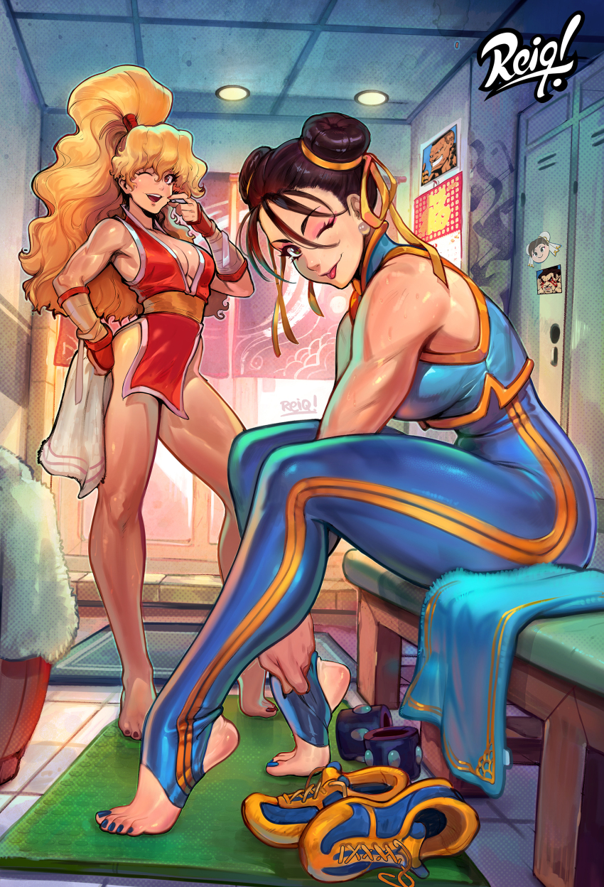 2girls absurdres alternate_costume barefoot blonde_hair bracelet brown_hair calendar capcom chun-li deejay e._honda genryuusai_maki hair_ribbon highres jewelry locker locker_room multiple_girls nail_polish one_eye_closed pelvic_curtain reiq ribbon shoes spiked_bracelet spikes street_fighter tight_clothes towel unworn_shoes wink