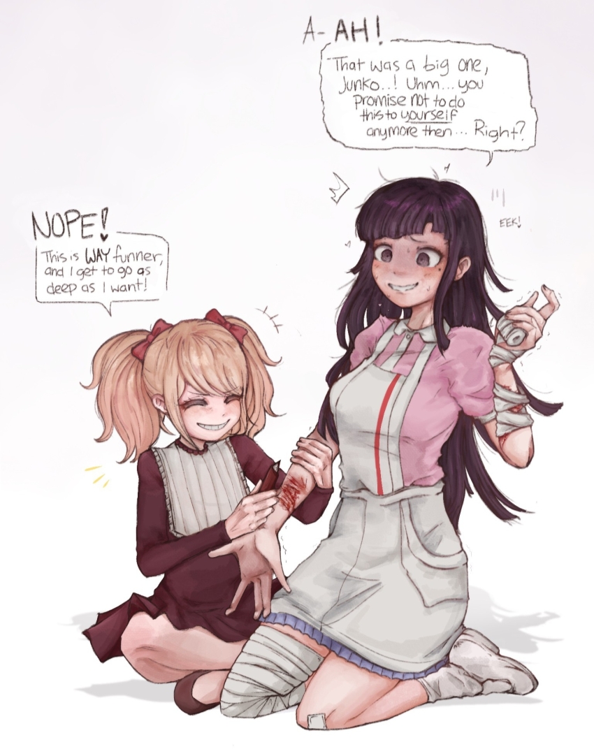 2girls aged_down apron bandaged_arm bandaged_leg bandages bandaid bandaid_on_knee bandaid_on_leg black_dress blood blush bow danganronpa:_trigger_happy_havoc danganronpa_(series) danganronpa_2:_goodbye_despair dress elle_(imaginaryiand) english_text enoshima_junko grin hair_bow highres long_hair looking_at_another mole mole_under_eye multiple_girls pink_shirt puffy_short_sleeves puffy_sleeves red_bow sadism shirt shoes short_sleeves size_difference smile speech_bubble teeth tsumiki_mikan twintails white_footwear wrist_cutting