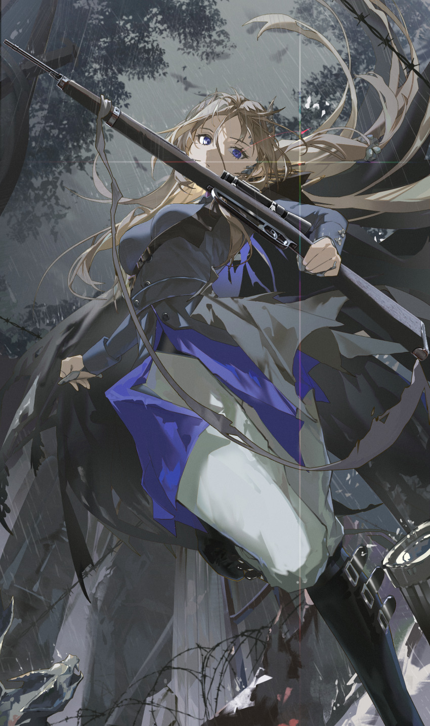 1girl absurdres barbed_wire black_boots black_cape blue_eyes blue_jacket boots breasts cape diffraction_spikes eye_trail floating_hair foot_out_of_frame from_below gargoyle glint grey_hair grey_sky gun highres holding holding_gun holding_weapon jacket jumping leg_up light_trail long_hair looking_at_viewer medium_breasts military_uniform pants rain reverse:1999 rifle sentinel_(reverse:1999) sky solo tree tuzi_yan weapon white_pants